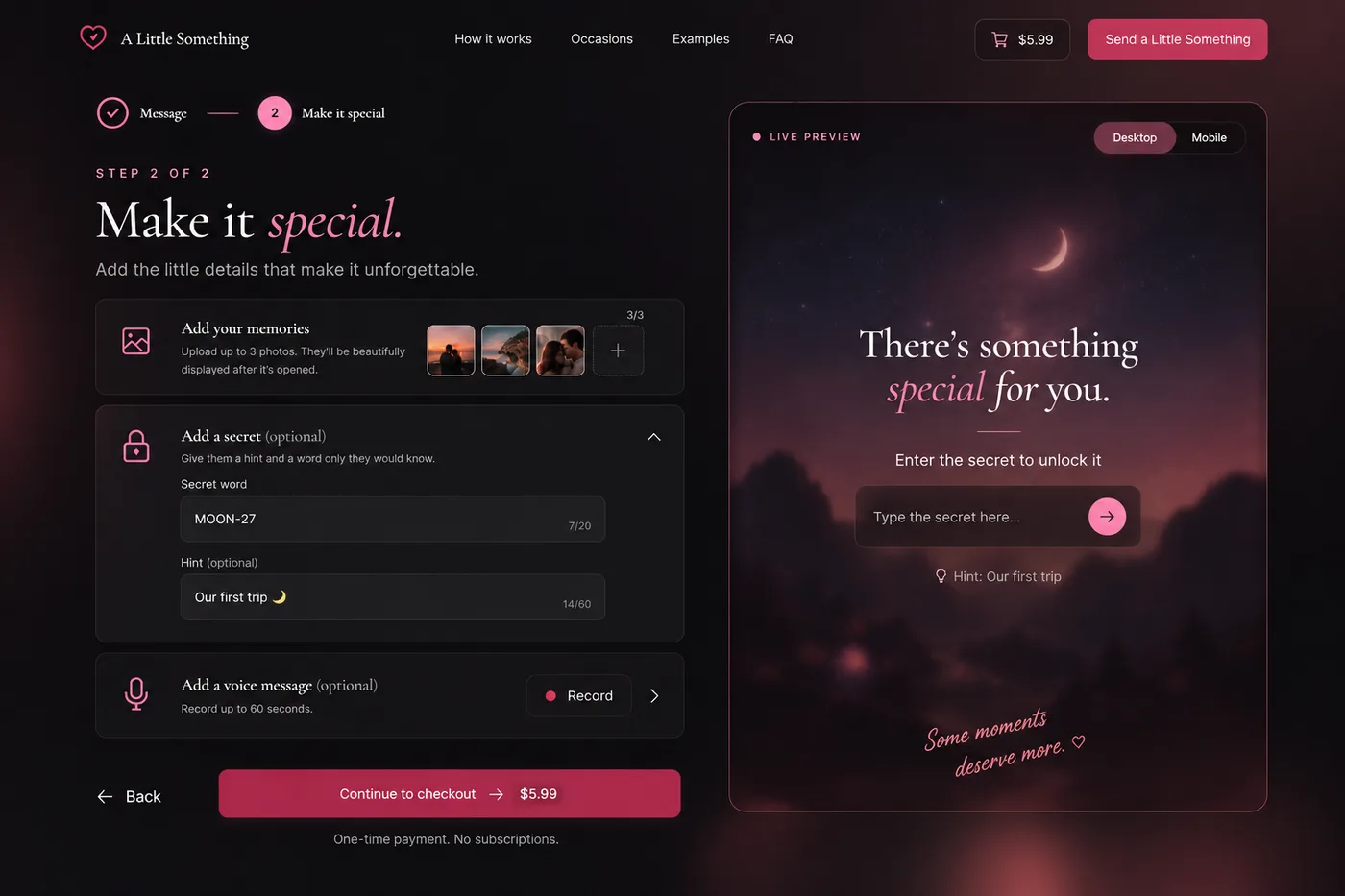 A Little Something creator with photos, a secret and a voice note next to the live preview